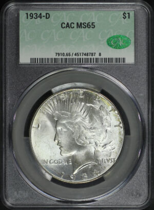 Obverse of this 1934-D Peace Dollar CACG MS-65