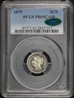 Obverse of this 1875 Three Cent Nickel PCGS PR-65 CAM CAC