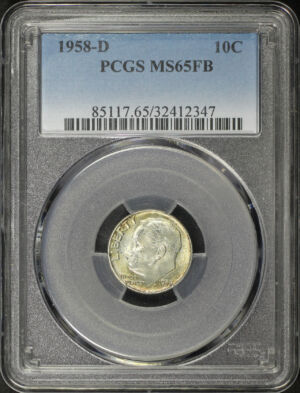 Obverse of this 1958-D Roosevelt Dime PCGS MS-65 FB