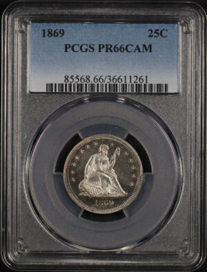 Obverse of this 1869 Liberty Seated Quarter PCGS PR-66 CAM