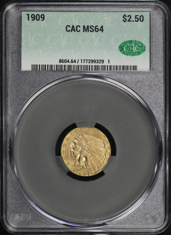 Obverse of this 1909 Indian $2.5 CACG MS-64