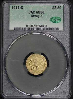 Obverse of this 1911-D Indian $2.5 Strong D CACG AU-58