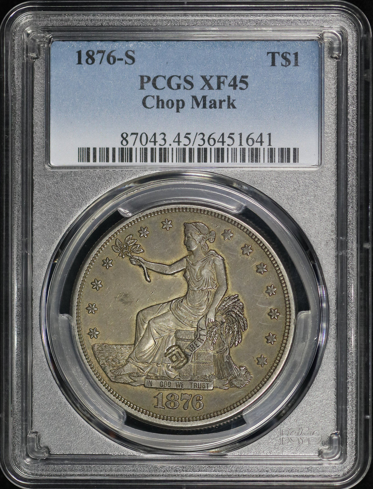 Obverse of this 1876-S Trade Dollar Chop Mark PCGS XF-45