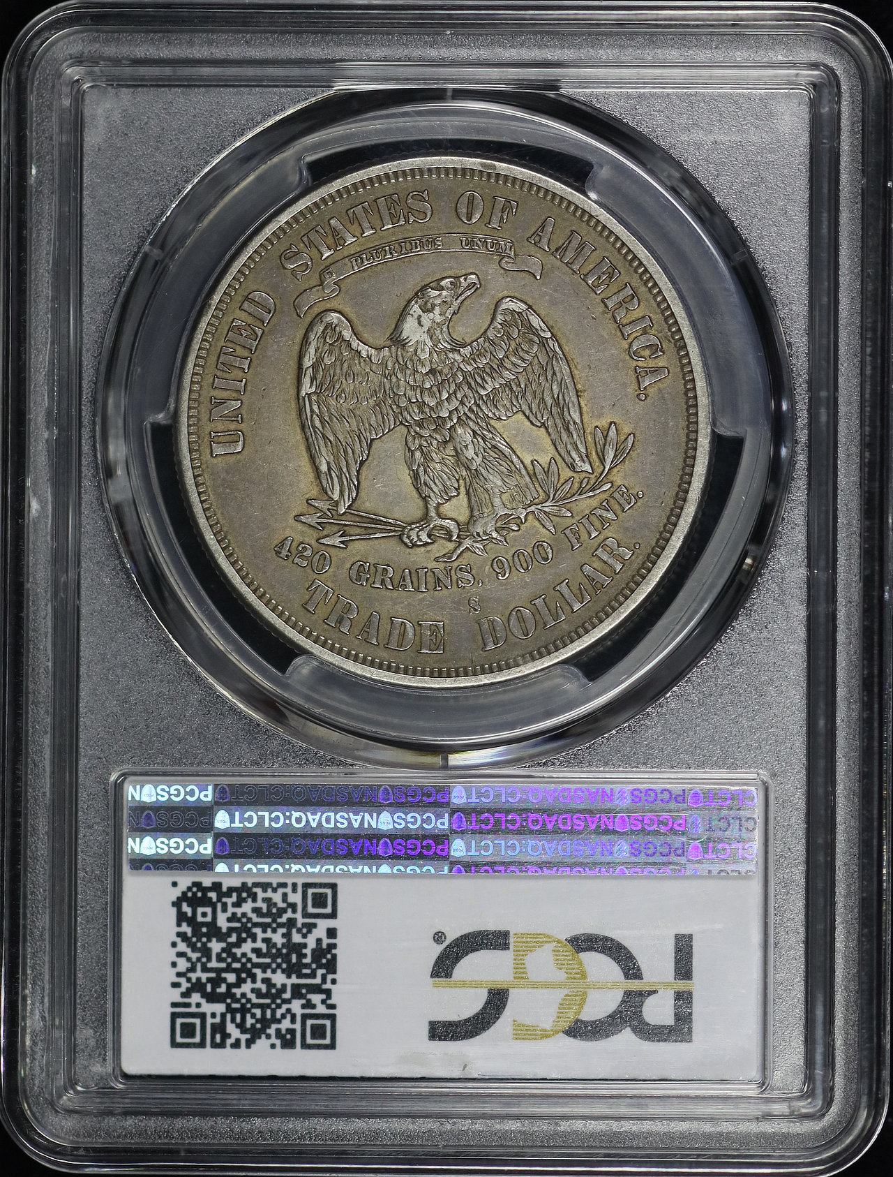 Reverse of this 1876-S Trade Dollar Chop Mark PCGS XF-45