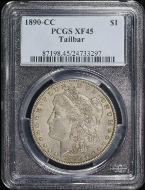 Obverse of this 1890-CC Morgan Dollar Tailbar PCGS XF-45