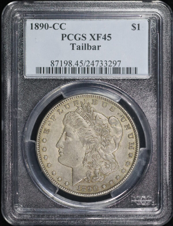 Obverse of this 1890-CC Morgan Dollar Tailbar PCGS XF-45