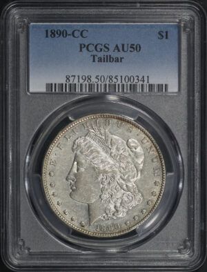 Obverse of this 1890-CC Morgan Dollar Tailbar PCGS AU-50