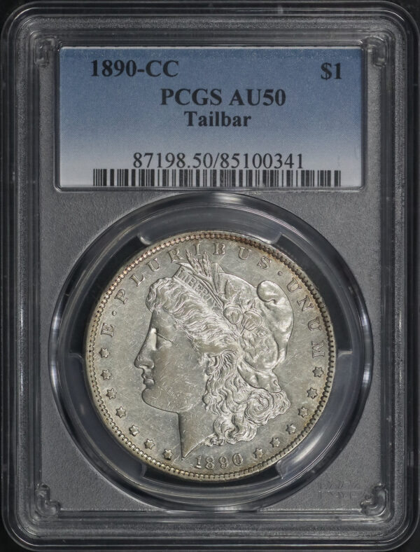 Obverse of this 1890-CC Morgan Dollar Tailbar PCGS AU-50