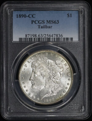 Obverse of this 1890-CC Morgan Dollar Tailbar PCGS MS-63