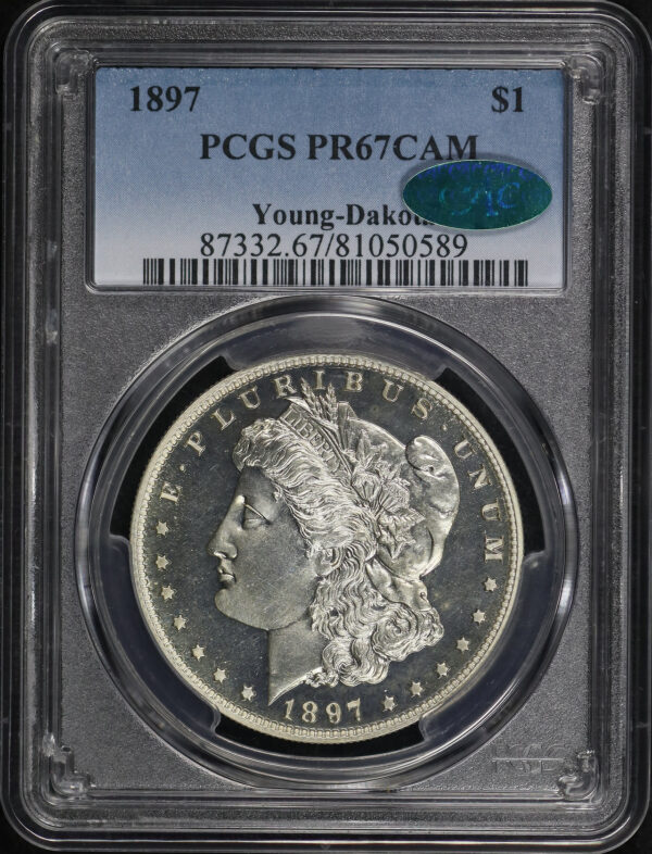 Obverse of this 1897 Morgan Dollar PCGS PR-67 CAM CAC Young-Dakota 