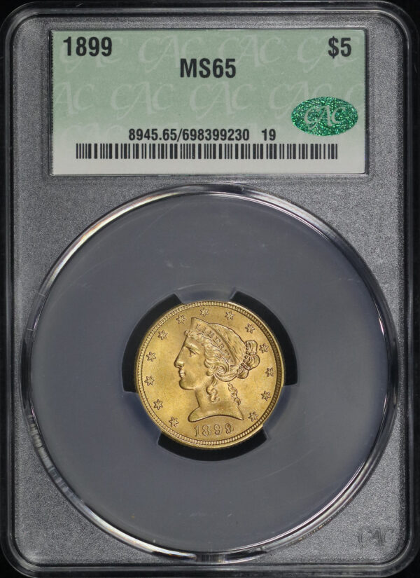 Obverse of this 1899 Liberty Head $5 CACG MS-65