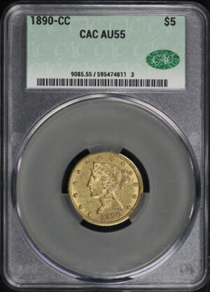 Obverse of this 1890-CC Liberty Head $5 CACG AU-55
