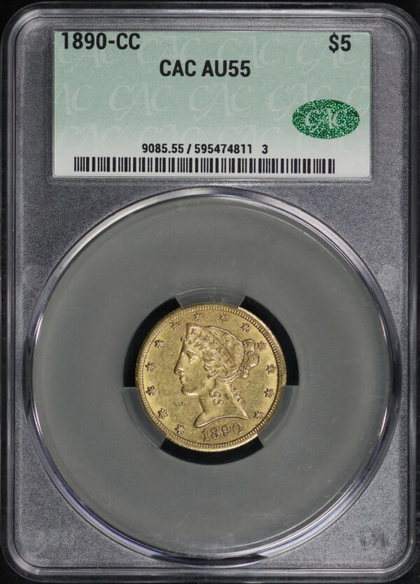 Obverse of this 1890-CC Liberty Head $5 CACG AU-55