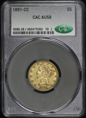 Obverse of this 1891-CC Liberty Head $5 CACG AU-58