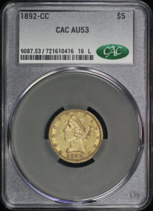 Obverse of this 1892-CC Liberty Head $5 CACG AU-53
