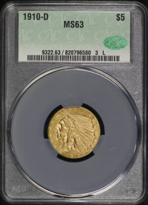 Obverse of this 1910-D Indian $5 CACG MS-63