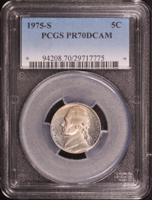 Obverse of this 1975-S Jefferson Nickel PCGS PR-70 DCAM
