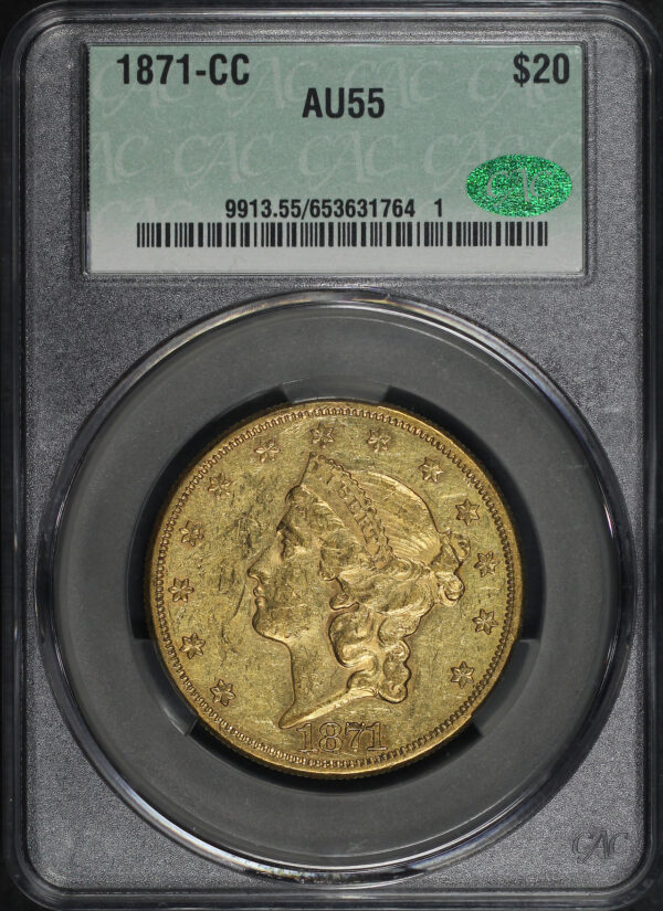 Obverse of this 1871-CC Liberty Head $20 Type 2 CAC AU-55