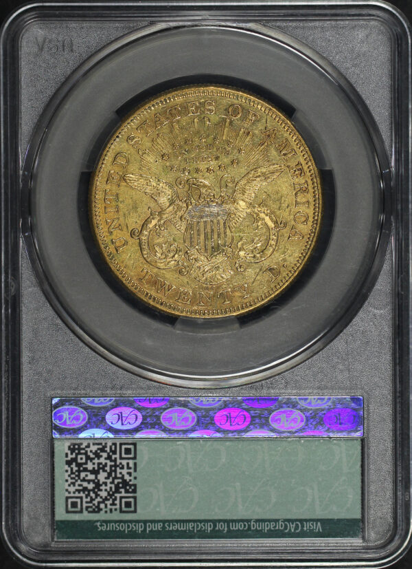 Reverse of this 1871-CC Liberty Head $20 Type 2 CAC AU-55
