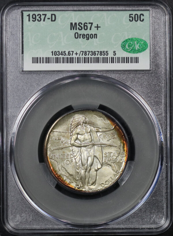 Obverse of this 1937-D 50C Oregon Silver Commemorative CACG MS-67+