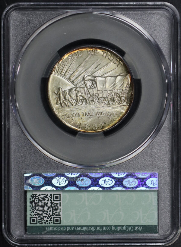 Reverse of this 1937-D 50C Oregon Silver Commemorative CACG MS-67+