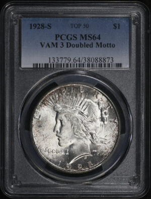 Obverse of this 1928-S Top 50 VAM-3 Doubled Motto Peace Dollar PCGS MS-64