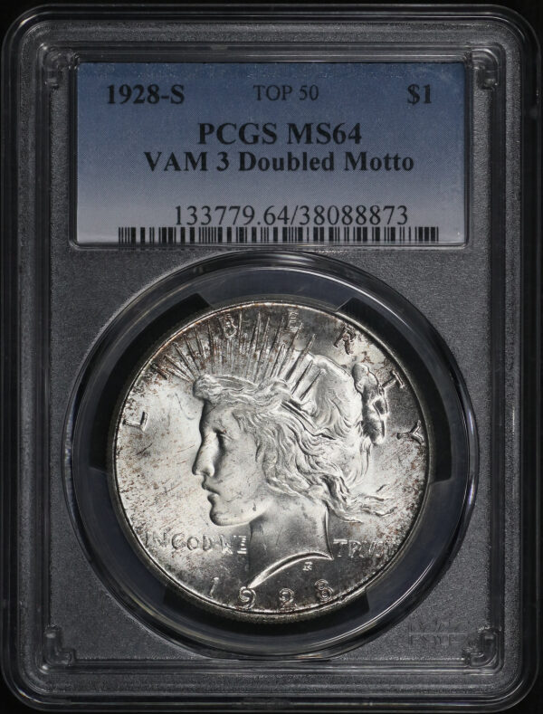 Obverse of this 1928-S Top 50 VAM-3 Doubled Motto Peace Dollar PCGS MS-64