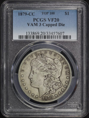 Obverse of this 1879-CC Top-100 Morgan Dollar VAM-3 Capped Die PCGS VF-20 