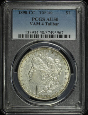 Obverse of this 1890-CC Top-100 Morgan Dollar VAM-4 Tailbar PCGS AU-50 