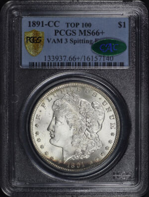 Obverse of this 1891-CC Top-100 Morgan Dollar VAM-3 Spitting Eagle PCGS MS-66+ CAC (pop 12/1 CAC only 3/1?)