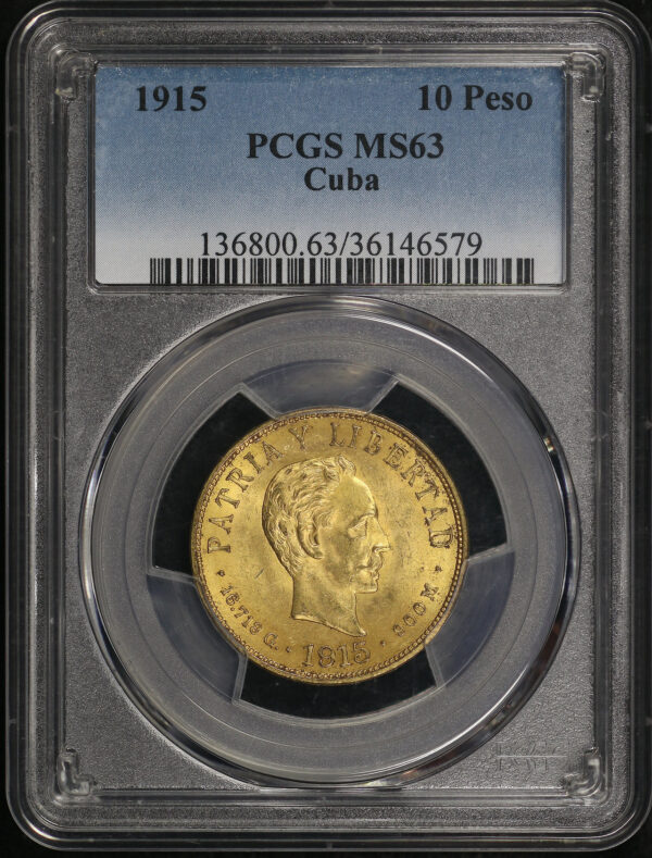 Obverse of this 1915 10 Gold Peso Cube PCGS MS-63