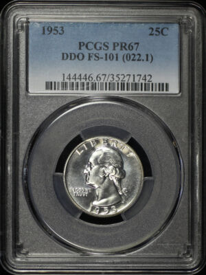 Obverse of this 1953 Washington Quarter Doubled Die Obverse FS-101 PCGS PR-67