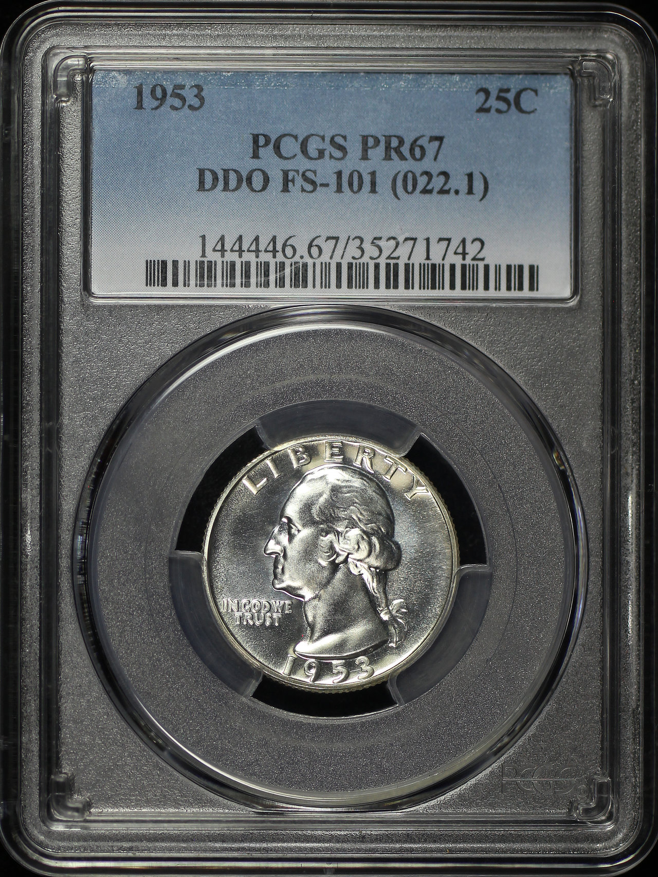 Obverse of this 1953 Washington Quarter Doubled Die Obverse FS-101 PCGS PR-67