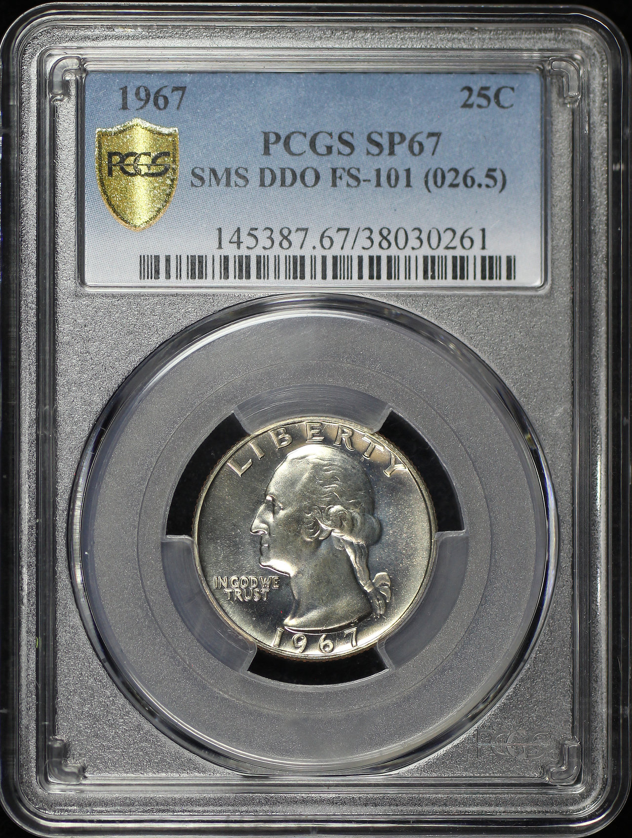 Obverse of this 1967 SMS Washington Quarter Doubled Die Obverse FS-101 PCGS SP-67