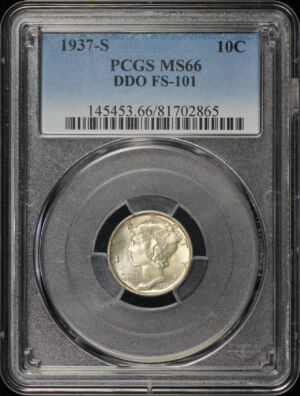 Obverse of this 1937 Mercury Dime PCGS MS-66 DDO FS-101