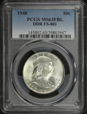 Obverse of this 1948 Franklin Half Dollar DDR FS-801 PCGS MS-63 FBL