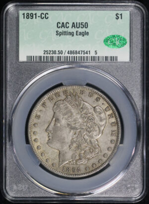 Obverse of this 1891-CC Morgan Dollar Spitting Eagle CACG AU-50
