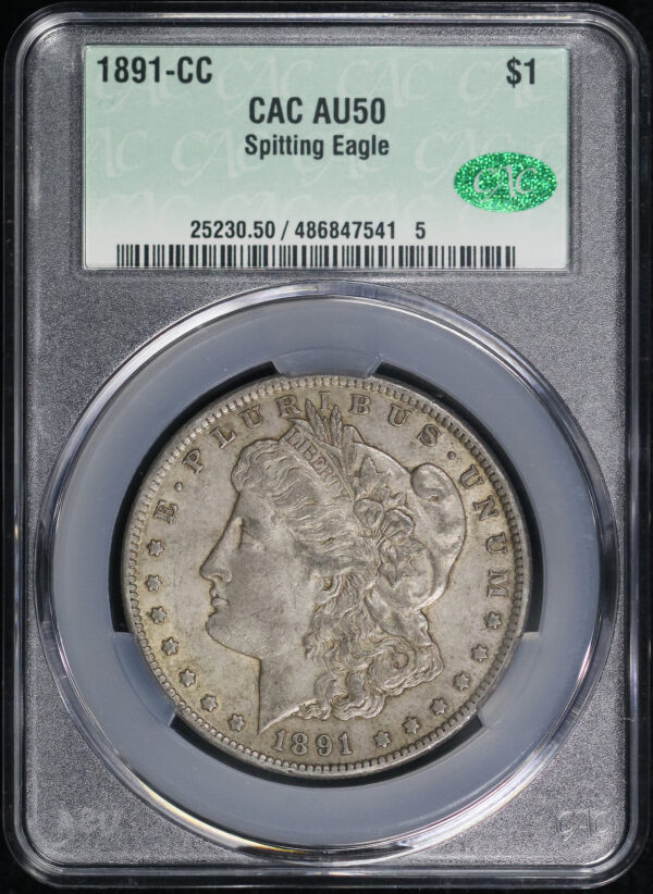 Obverse of this 1891-CC Morgan Dollar Spitting Eagle CACG AU-50
