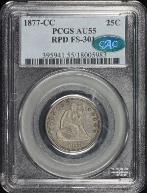 Obverse of this 1877-CC Liberty Seated Quarter FS-301 RPD PCGS AU-55 CAC 