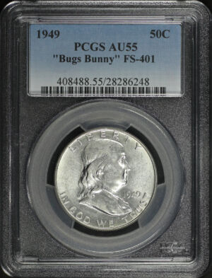 Obverse of this 1949 Franklin Half Dollar “Bugs Bunny” FS-401 PCGS AU-55