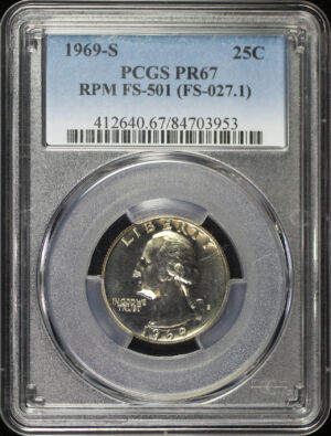 Obverse of this 1969-S Washington Quarter Repunched Mintmark FS-501 PCGS PR-67