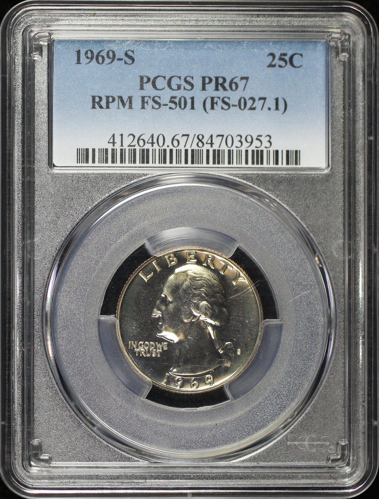 Obverse of this 1969-S Washington Quarter Repunched Mintmark FS-501 PCGS PR-67