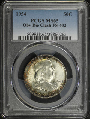 Obverse of this 1954 Franklin Half Dollar Obverse Die Clash FS-402 PCGS MS-65