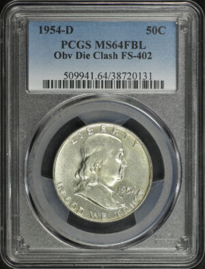 Obverse of this 1954-D Franklin Half Dollar Obv Die Clash FS-402 PCGS MS-64 FBL