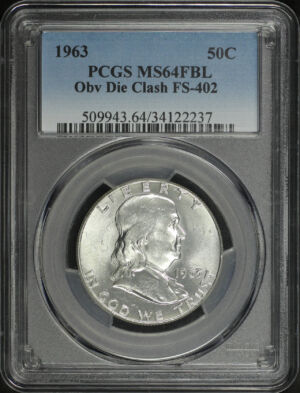 Obverse of this 1963 Franklin Half Dollar Obverse Die Clash FS-402 PCGS MS-64 FBL