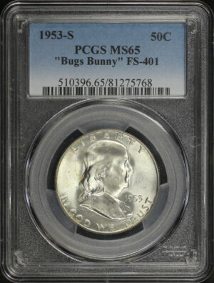 Obverse of this 1953 Franklin Half Dollar “Bugs Bunny” FS-401 PCGS MS-65