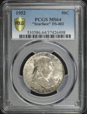Obverse of this 1952 Franklin Half Dollar “Scarface” FS-402 PCGS MS-64
