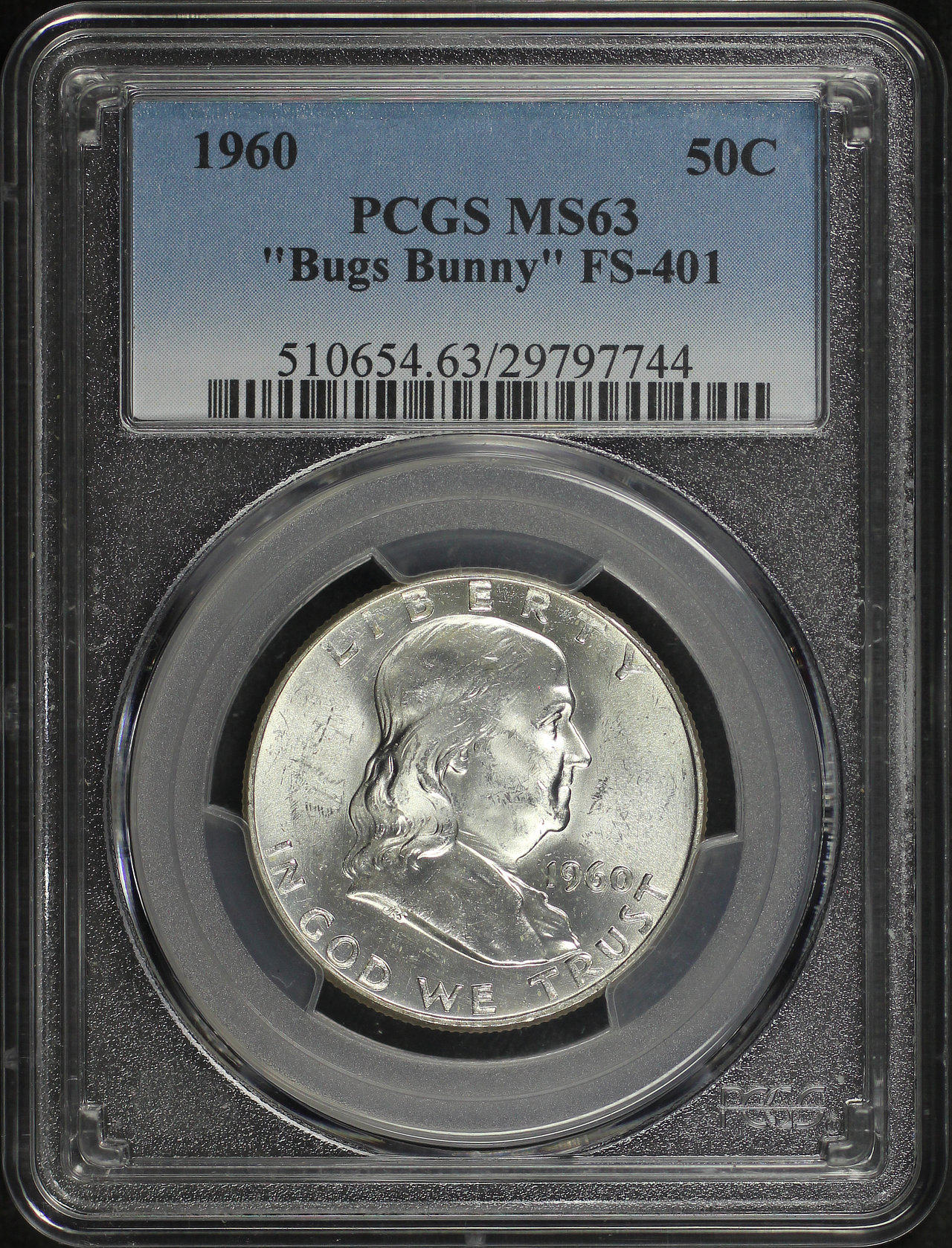 Obverse of this 1960 Franklin Half Dollar “Bugs Bunny” FS-401 PCGS MS-63