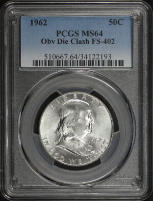 Obverse of this 1962 Franklin Half Dollar Obverse Die Clash FS-402 PCGS MS-64