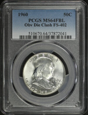 Obverse of this 1960 Franklin Half Dollar Obverse Die Clash FS-402 PCGS MS-64 FBL